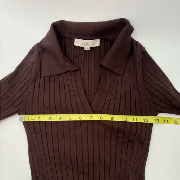LOFT Chocolate Brown Ribbed Collared Polo Long Sleeve Knit Midi Dress M Medium - Picture 7 of 10